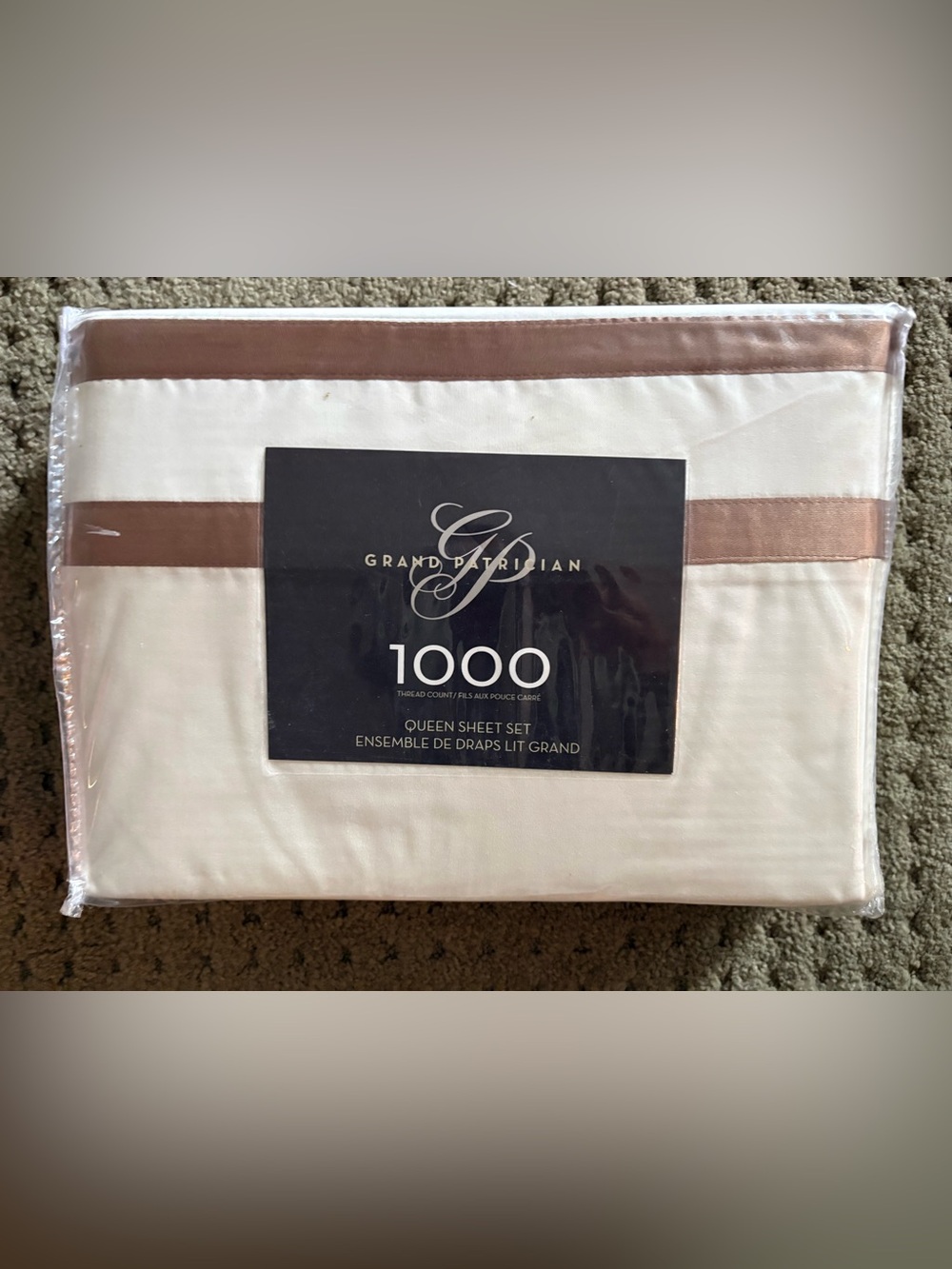 NWT Puritan 1000 Queen Sheet Set - Cream with Brown Trim